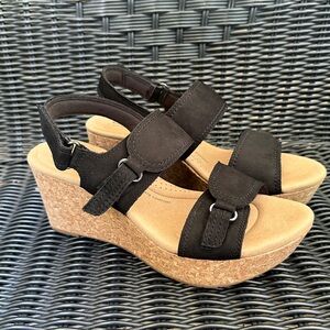 Clarks Wedge Sandals Size 7 Cork Black Suede